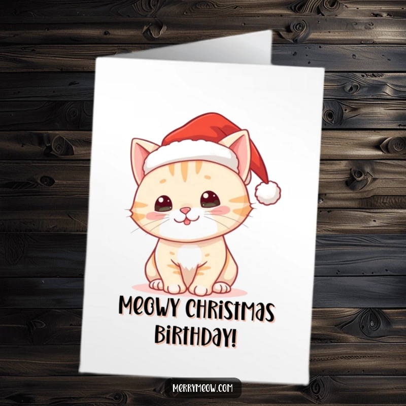 Funny Free Printable Birthday Card: Cute Christmas cat in a Santa hat, blending birthday wishes with holiday fun.