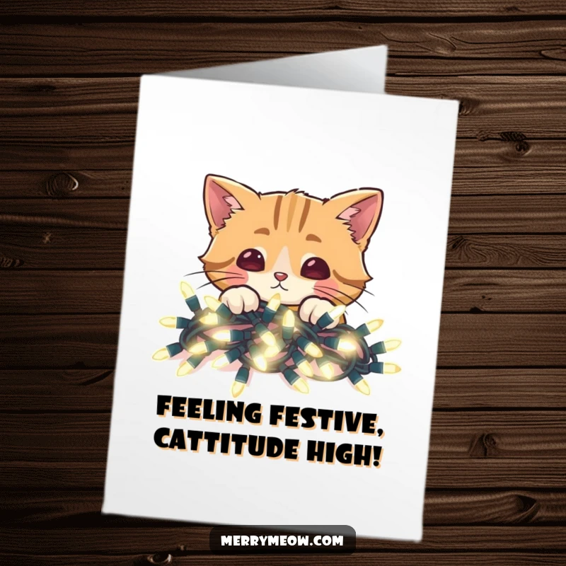 Funny Free Printable Birthday Card featuring a cat peeking over a pile of glowing, bright Christmas lights.