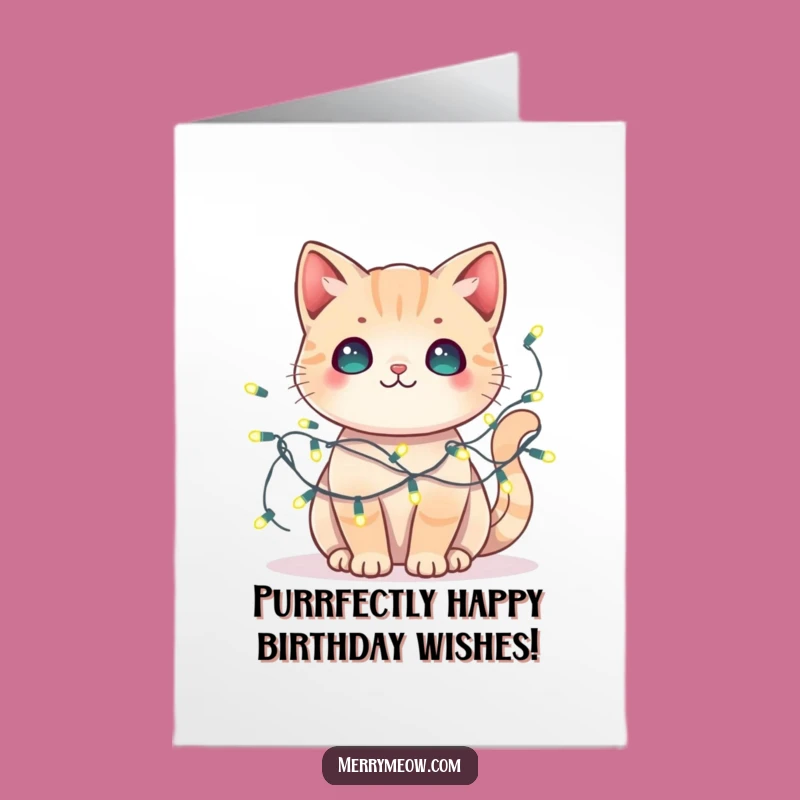 Free Printable Kawaii Cat Birthday Card with Tangled Lights