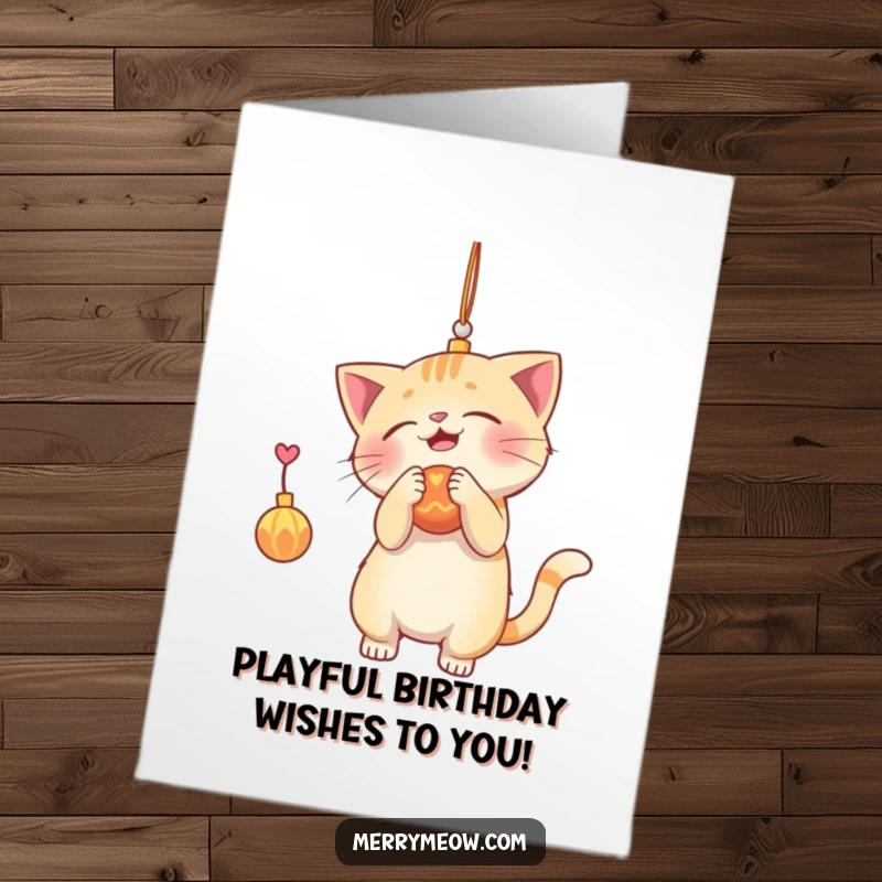 Funny Free Printable Birthday Card: A curious cat character playfully batting at a dangling Christmas ornament, ready for fun.