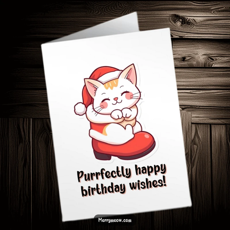 Funny free printable birthday card showcasing a happy cat nestled inside a Santa boot, purring with delight for the celebrant.