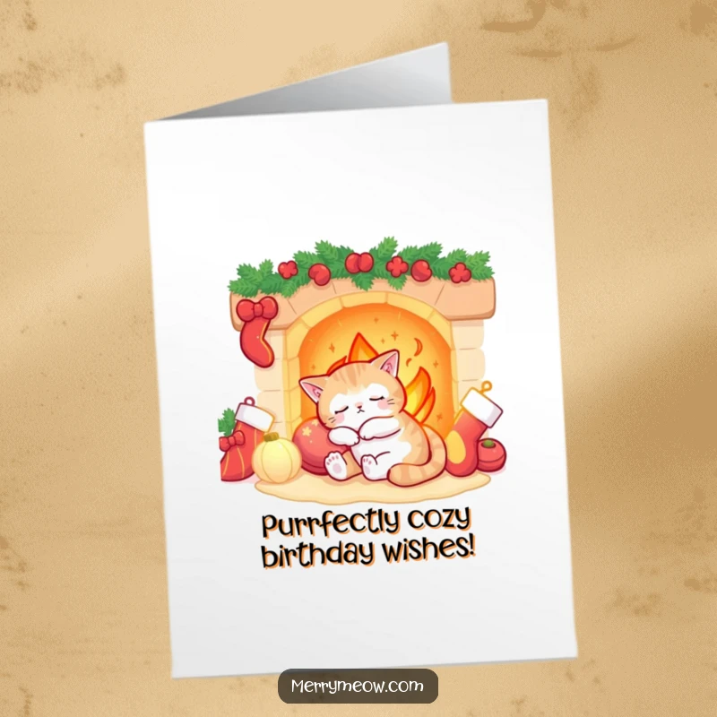 Funny Free Printable Birthday Card: A sleepy cat dozing by a warm fireplace with festive stockings.