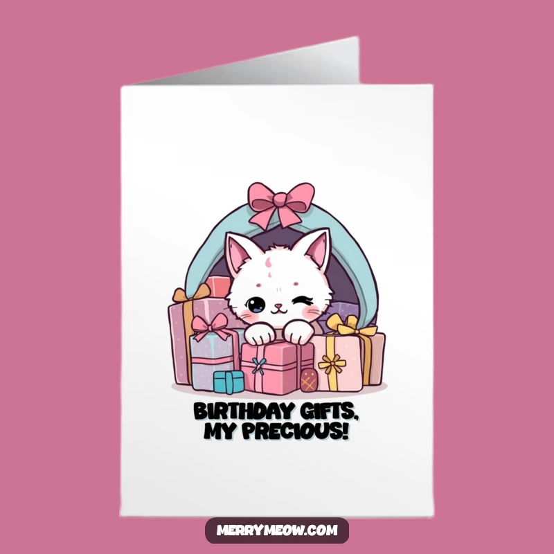 Funny Free Printable Mischief Cat Birthday Card: Present Pile Downloadable Gift