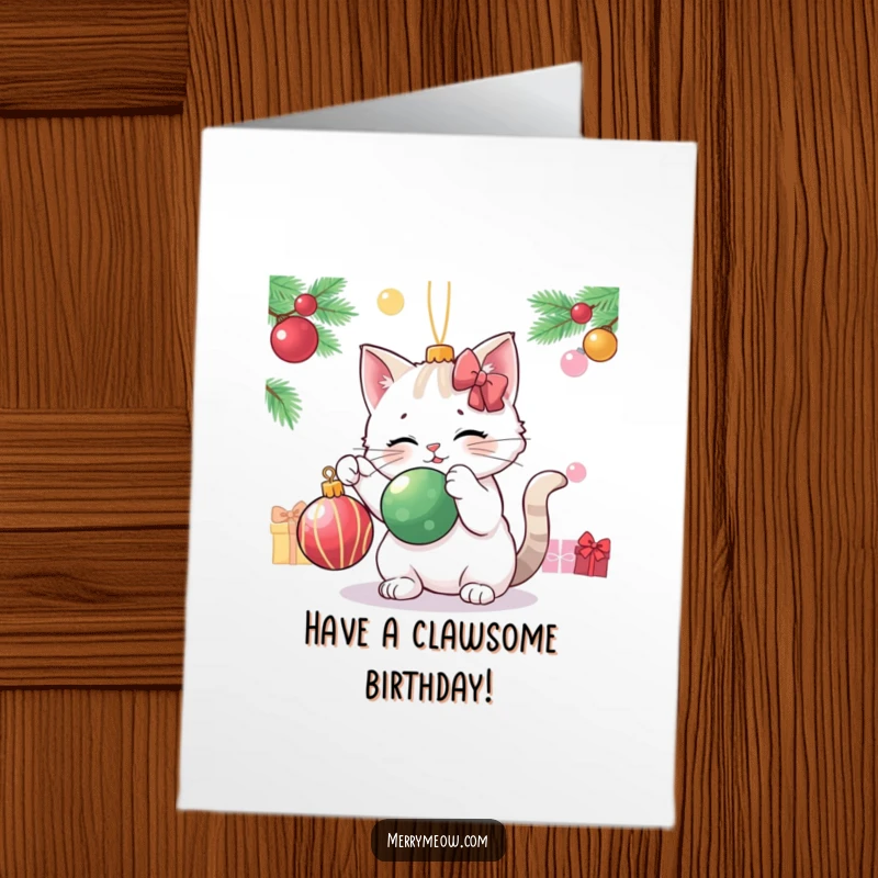 Funny Free Printable Birthday Card: A cat character playfully bats at a dangling Christmas ornament.