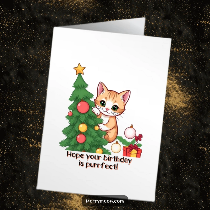 Funny Free Printable Birthday Card: Mischievous cat attempting to climb a Christmas tree, causing festive chaos. Great gift.