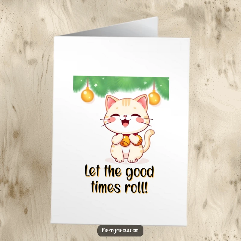 Funny free printable birthday card, a happy kawaii cat with jingle bells on its tail, wagging with festive glee.