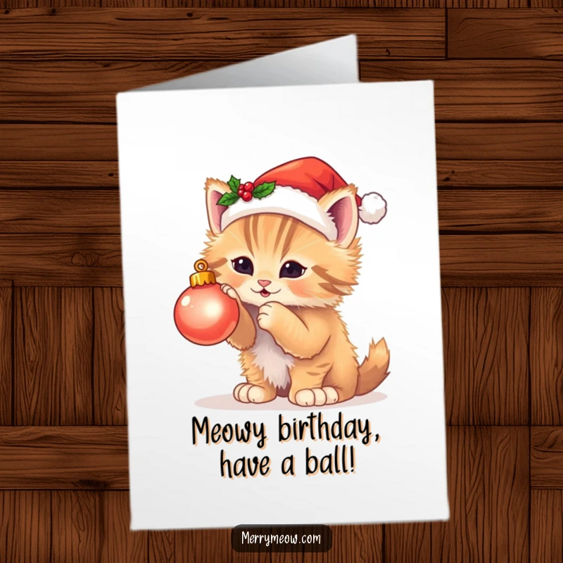 Funny free printable birthday card of a fluffy kitten in a Santa hat playfully batting at a twinkling Christmas ornament. Festive and cute.