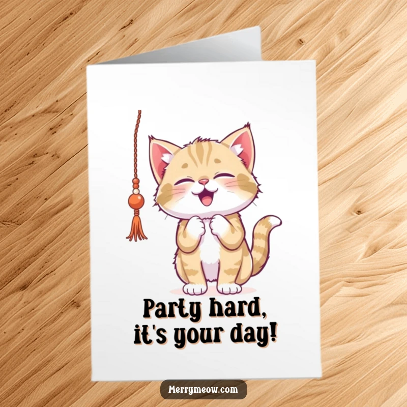 Funny free printable birthday card: a kitten gleefully batting at a shiny, dangling strand of holiday tinsel.