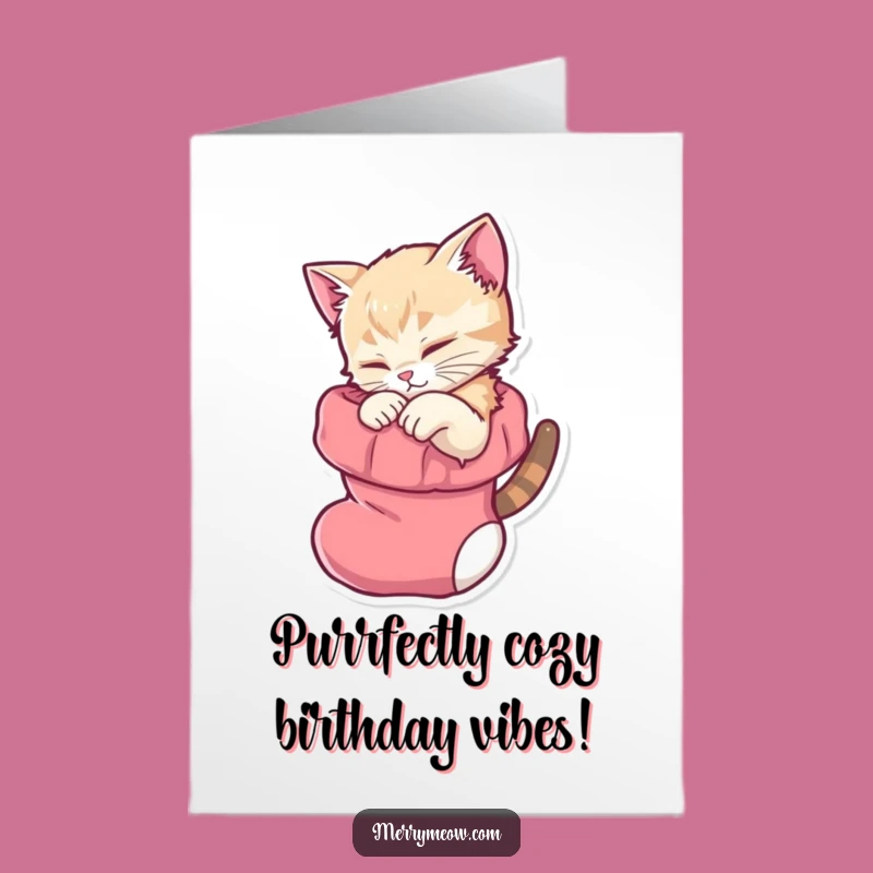 Free Printable Birthday Card: Cozy Kitten in Stocking for Sweet Wishes
