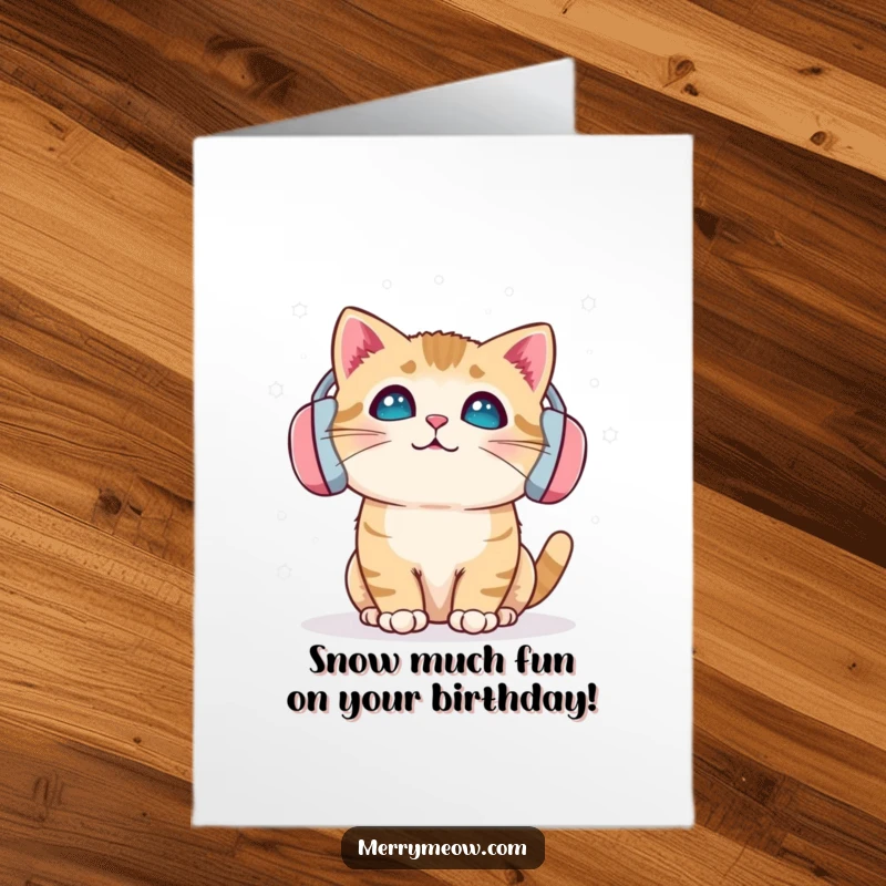 Funny Free Printable Birthday Card: Cat wearing earmuffs, delighted by falling snowflakes, embracing winter fun. Great gift.