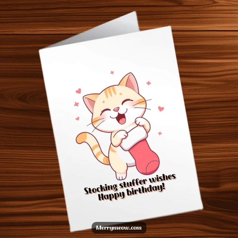 Funny Free Printable Birthday Card: Cat joyfully swatting a dangling Christmas stocking, humorous holiday greeting.