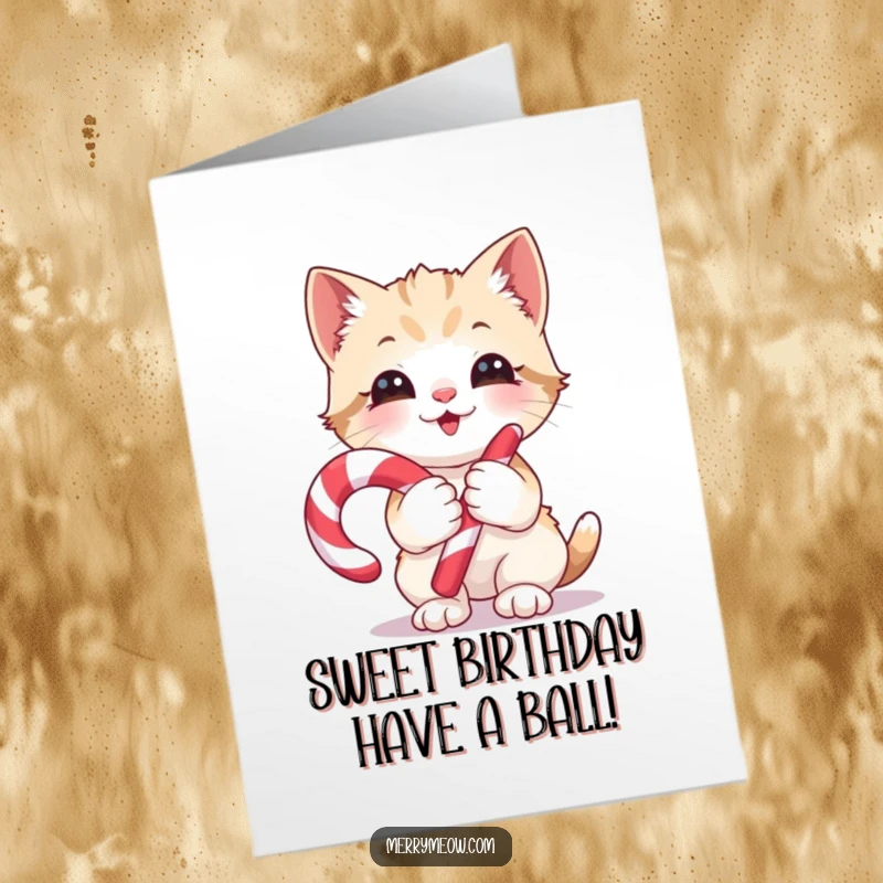 Funny Free Printable Birthday Card: A gleeful kitten joyfully holding a candy cane, ready to party and celebrate.