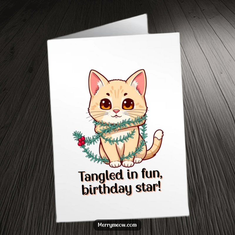 Funny Free Printable Birthday Card: A cat playfully tangled in festive tinsel, looking endearingly confused.