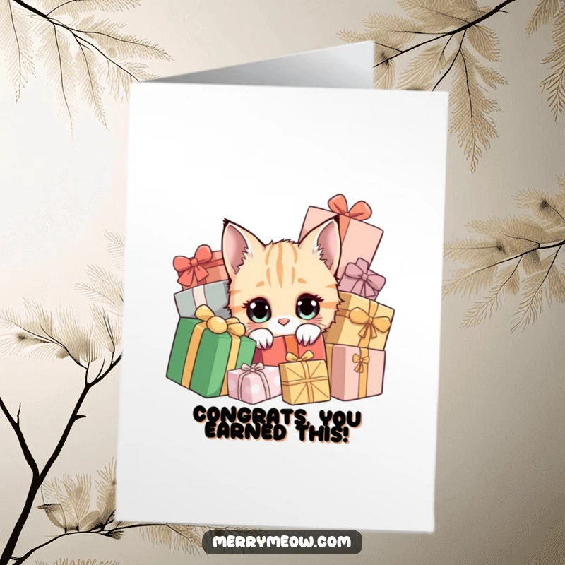 Funny Free Printable Congratulations Card: A curious cat with wide eyes peeks from a pile of gifts, sharing in the excitement.
