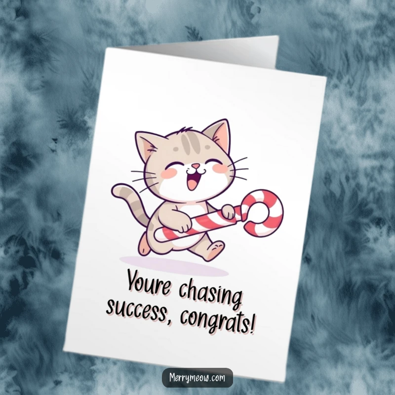 Funny Free Printable Congratulations Card: A cat joyfully pursues a rolling candy cane.