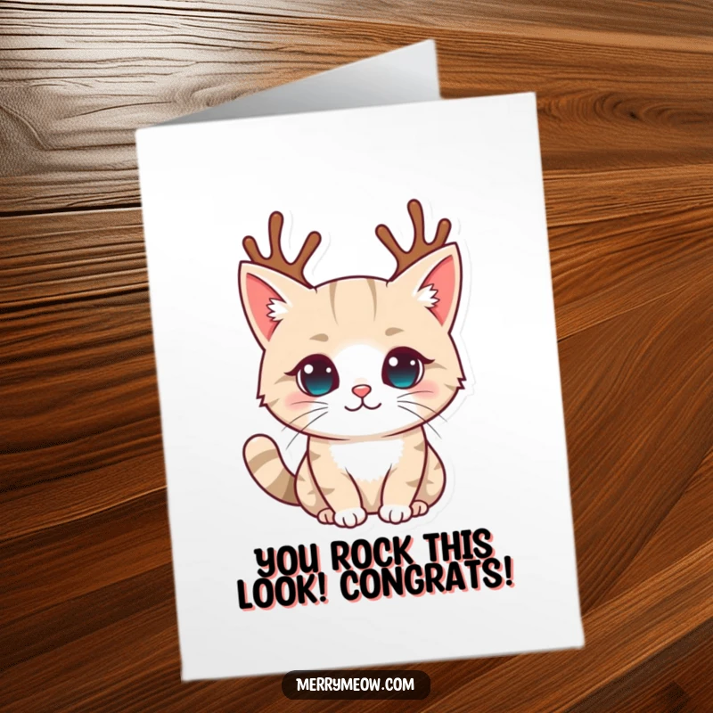 Funny Free Printable Congratulations Card: Cat wearing small reindeer antlers, a charming and humorous holiday greeting.