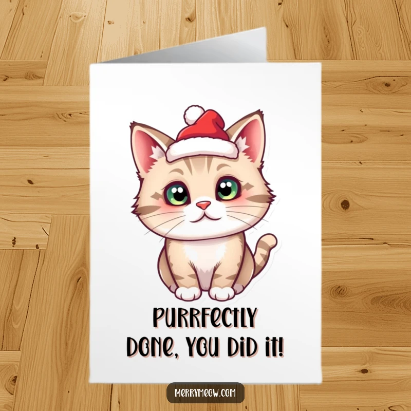 Funny Free Printable Congratulations Card: A cat character wearing a tiny Santa hat congratulates someone.