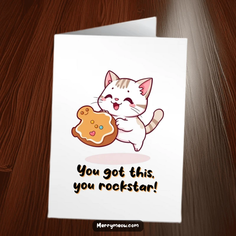 Funny free printable congratulations card, a kawaii cat joyfully pouncing on a rolling gingerbread cookie, celebrating success.