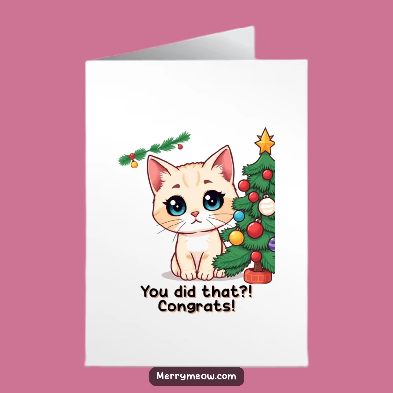 Free Printable Congrats Card: Wide-Eyed Cat, Christmas Tree Vibes, Downloadable Funny Gift