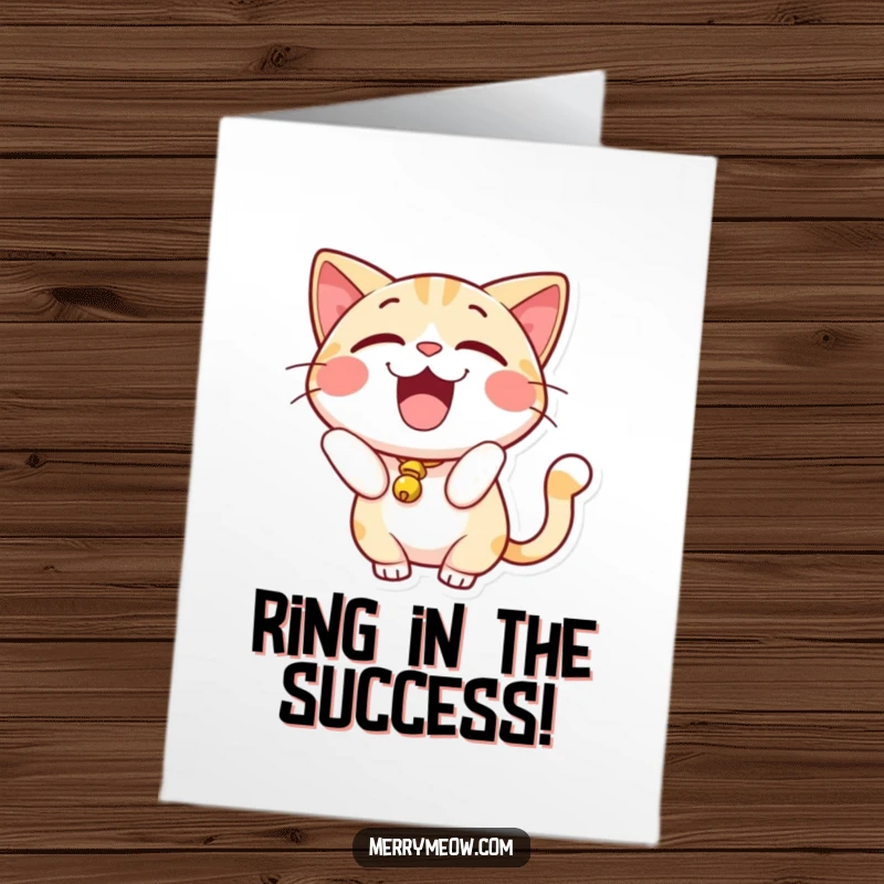 Funny Free Printable Congratulations Card: Excited cat with a bell on its tail, jingling with joy for your success.