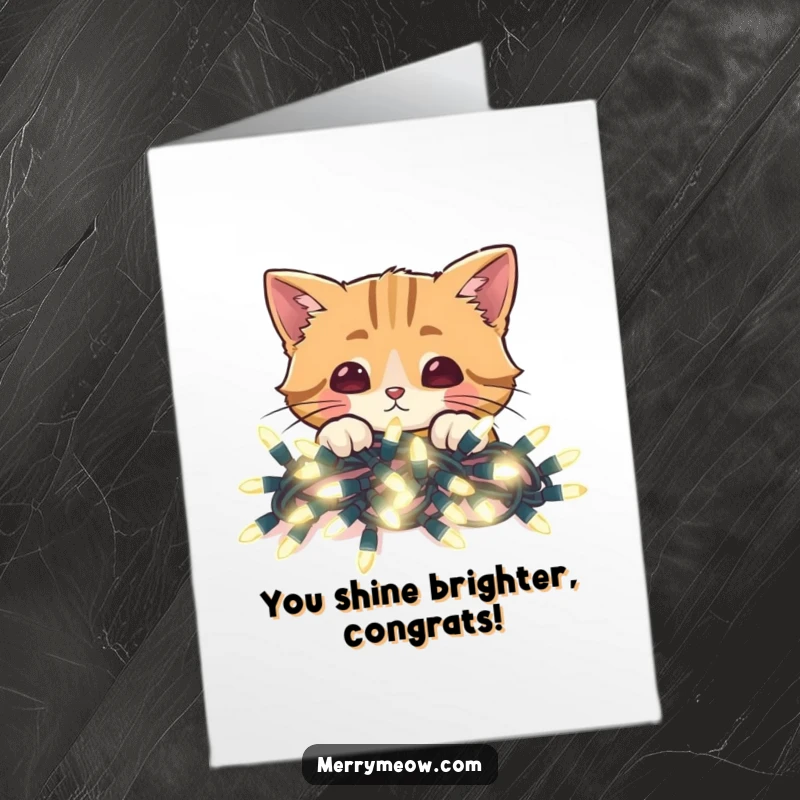 Funny Free Printable Congratulations Card showing a curious cat peeking over vibrant, glowing Christmas lights.