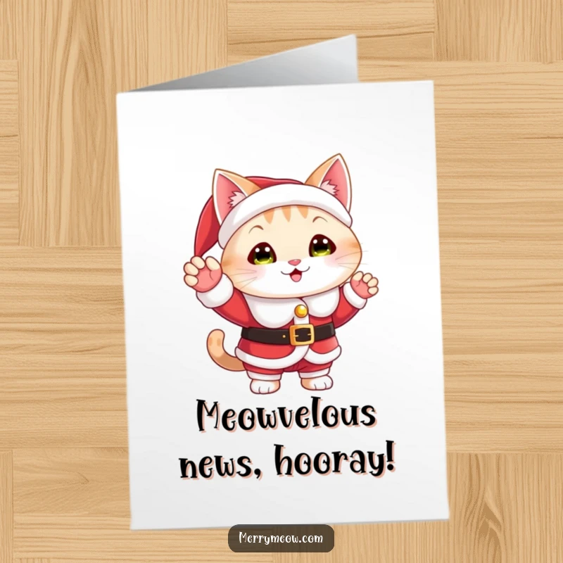 Funny Free Printable Congratulations Card showcasing a cute cat in a Santa suit giving a happy wave.