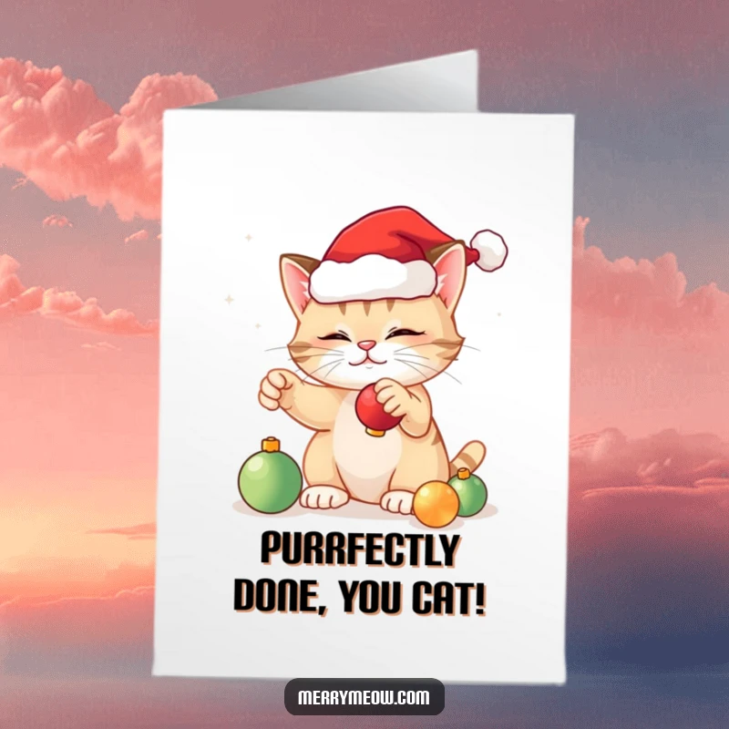 Funny Free Printable Congratulations Card: A festive cat wearing a Santa hat, engaging in playful antics with Christmas ornaments.