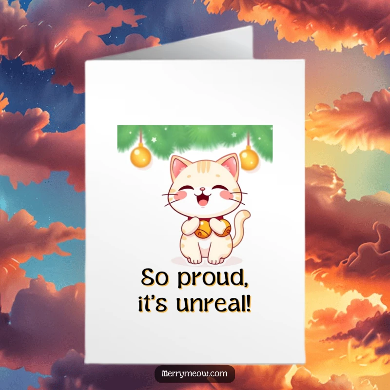 Funny free printable congratulations card, a kawaii cat with jingle bells on its tail, wagging happily to celebrate.