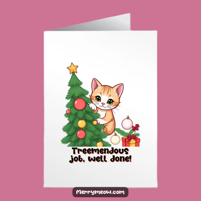 Free Printable Congrats Card: Mischievous Cat Christmas Tree Funny Downloadable Gift