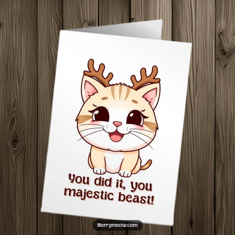 Funny Free Printable Congratulations Card: A happy cat with antlers beaming with pride for your achievements.