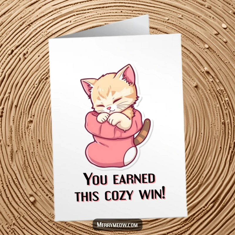 Cute Free Printable Congratulations Card: A happy kitten snuggled in a stocking, purring with delight for your success.