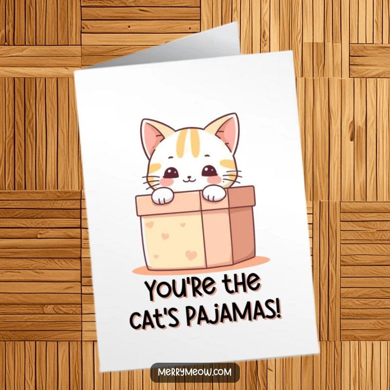 Funny Free Printable Congratulations Card: Happy cat joyfully peeking from a gift box, celebrating your success.