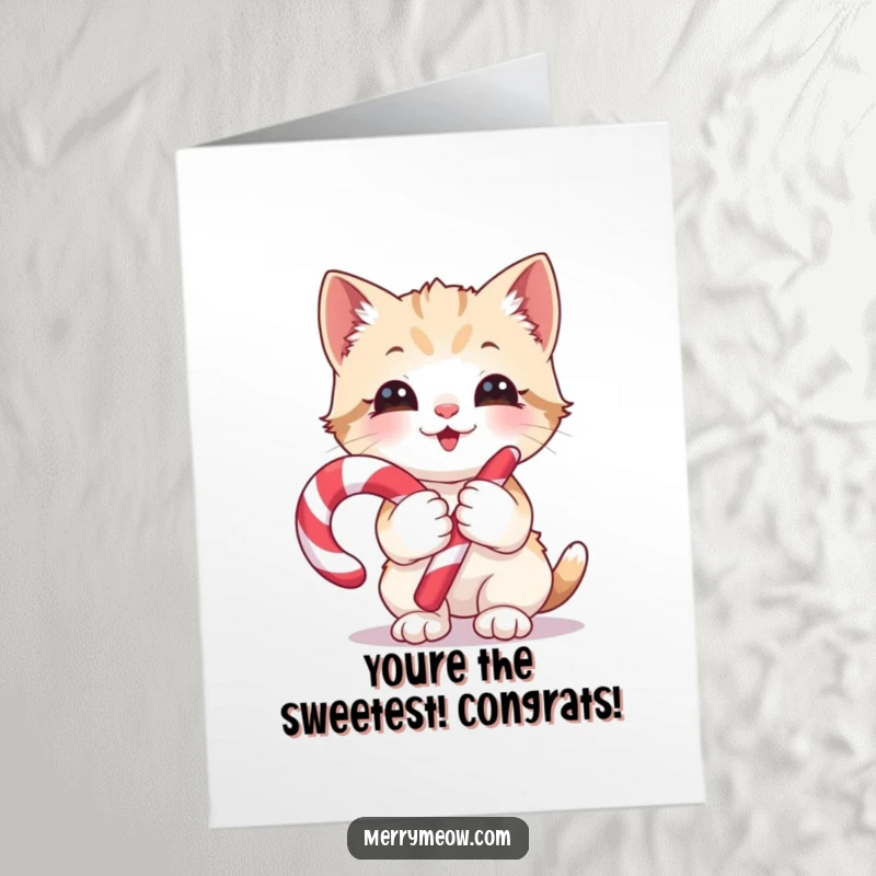 Funny Free Printable Congratulations Card: A happy kitten clutching a candy cane, radiating pure excitement and festive spirit.