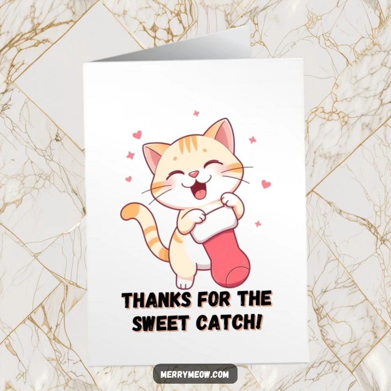 Funny Free Printable Thank You Card: Cat enthusiastically swatting a dangling stocking, a humorous thank you.