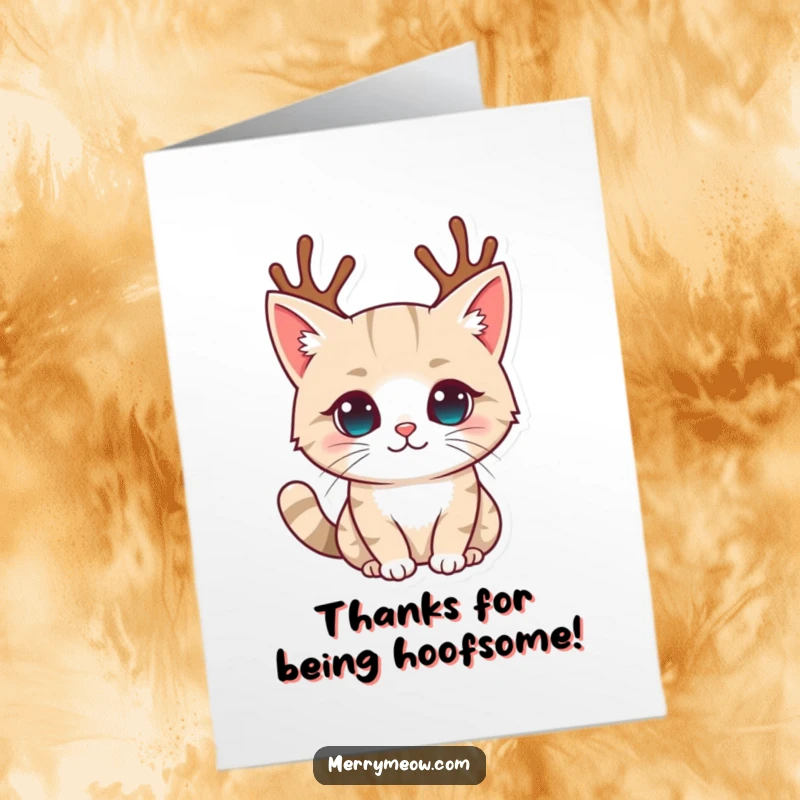 Funny Free Printable Thank You Card: Cat wearing tiny reindeer antlers, a humorous and festive thank you.