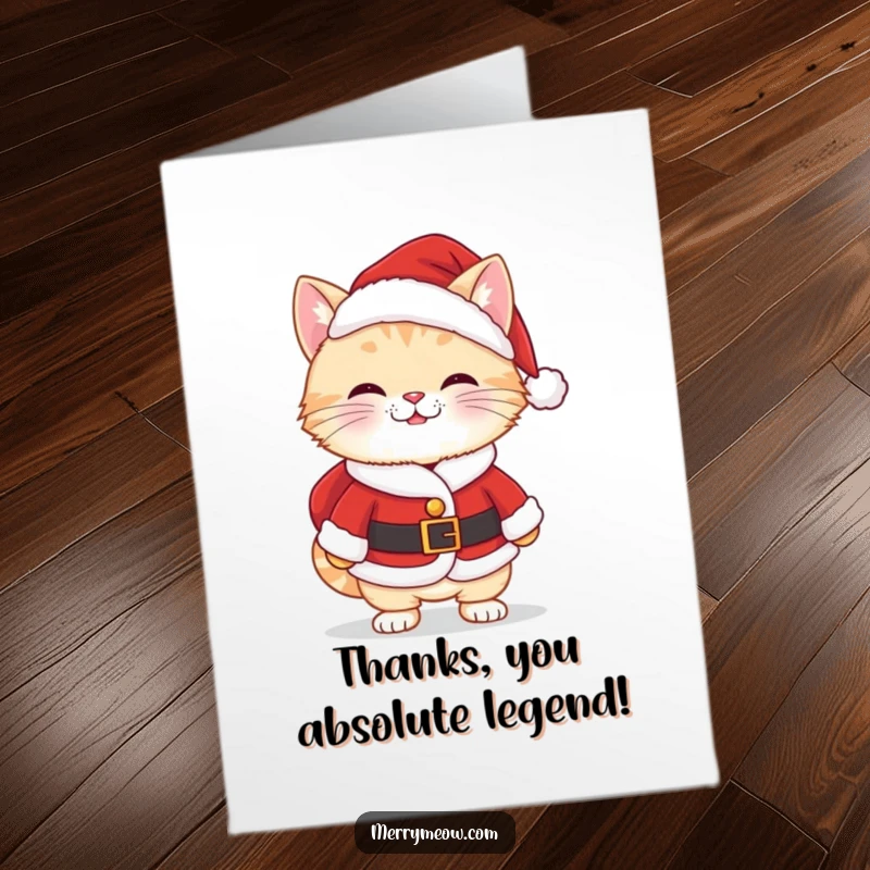Funny free printable thank you card, a kawaii cat in a Santa suit with a cheeky grin, offering thanks with humor.