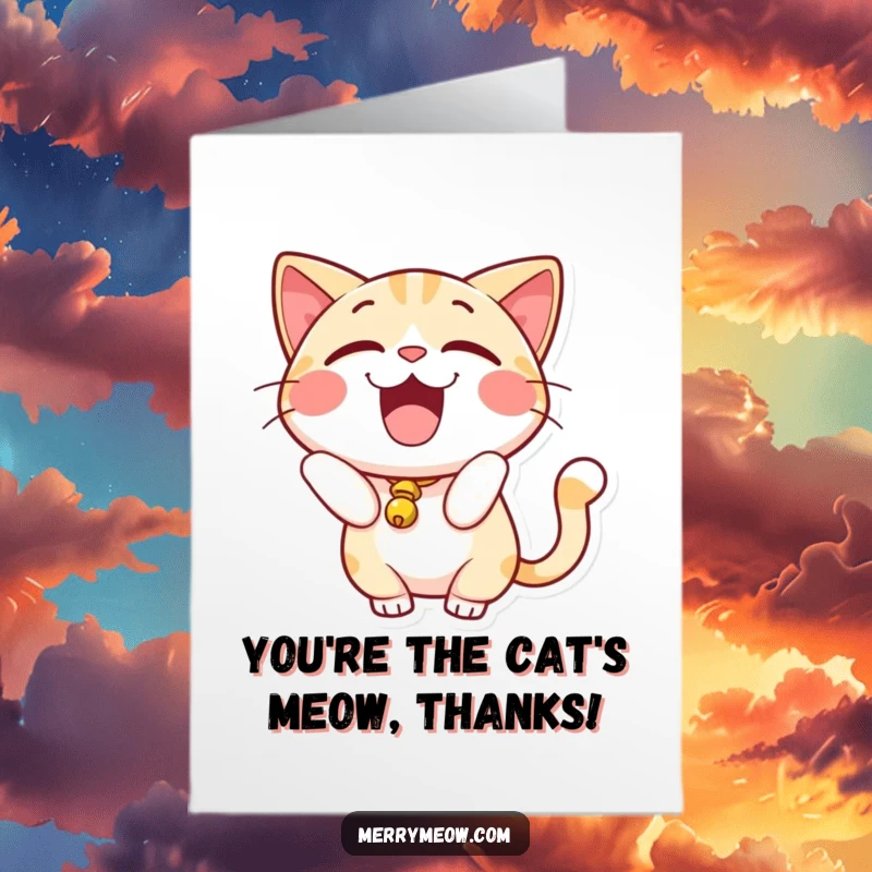 Funny Free Printable Thank You Card: Excited cat with a bell on its tail, ringing with gratitude for your kindness.