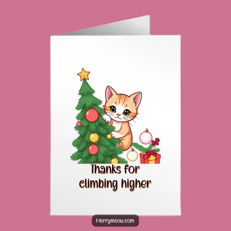 Free Printable Thank You Card: Mischievous Cat Christmas Tree Funny Downloadable Gift