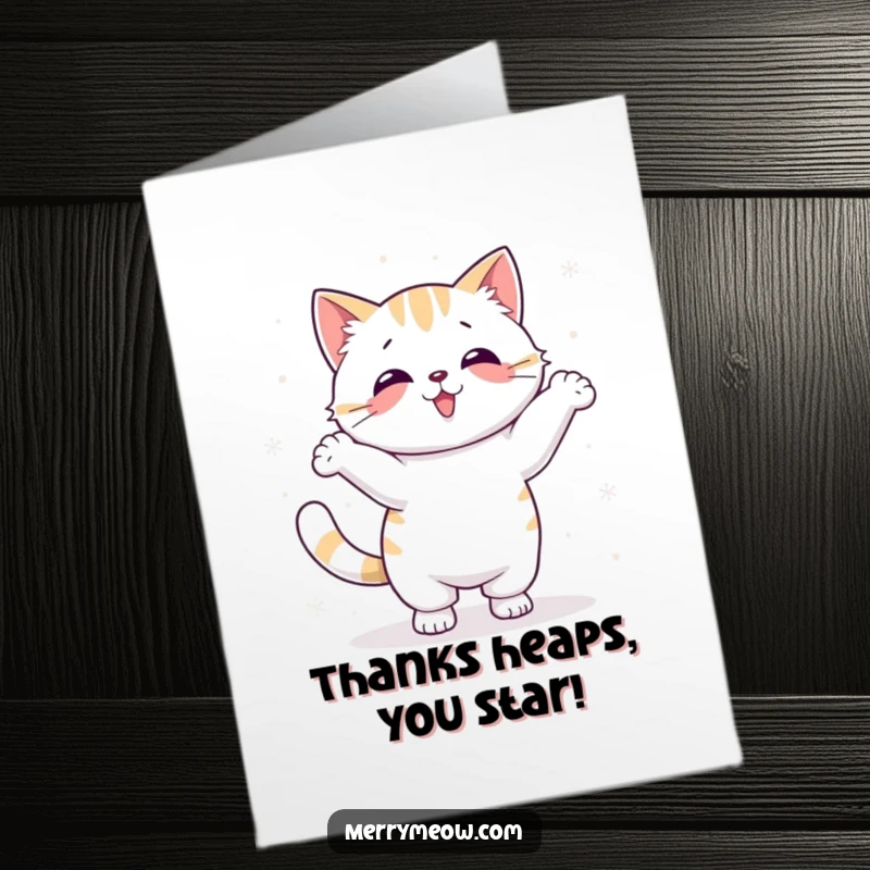 Funny free printable thank you card, a kawaii cat dancing playfully with snowflakes, a unique way to say thanks.