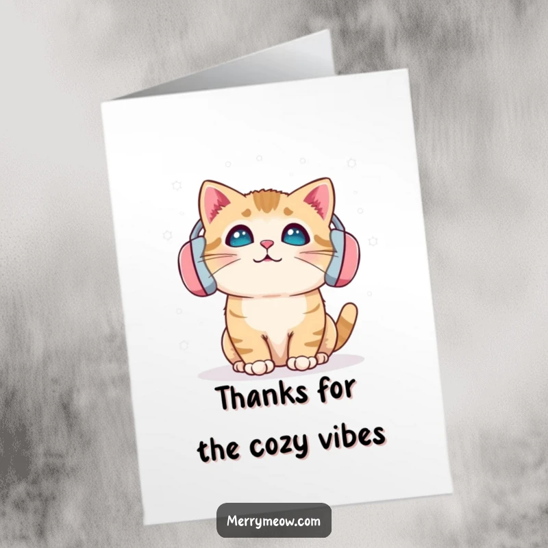 Funny Free Printable Thank You Card: Cat wearing earmuffs, delighted by snowflakes, perfect for winter thanks. DIY gift.