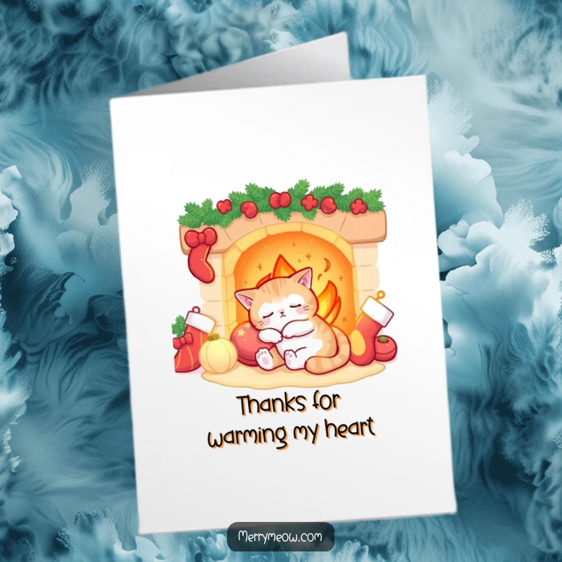 Funny Free Printable Thank You Card: A sleepy cat by a fireplace, offering thanks.