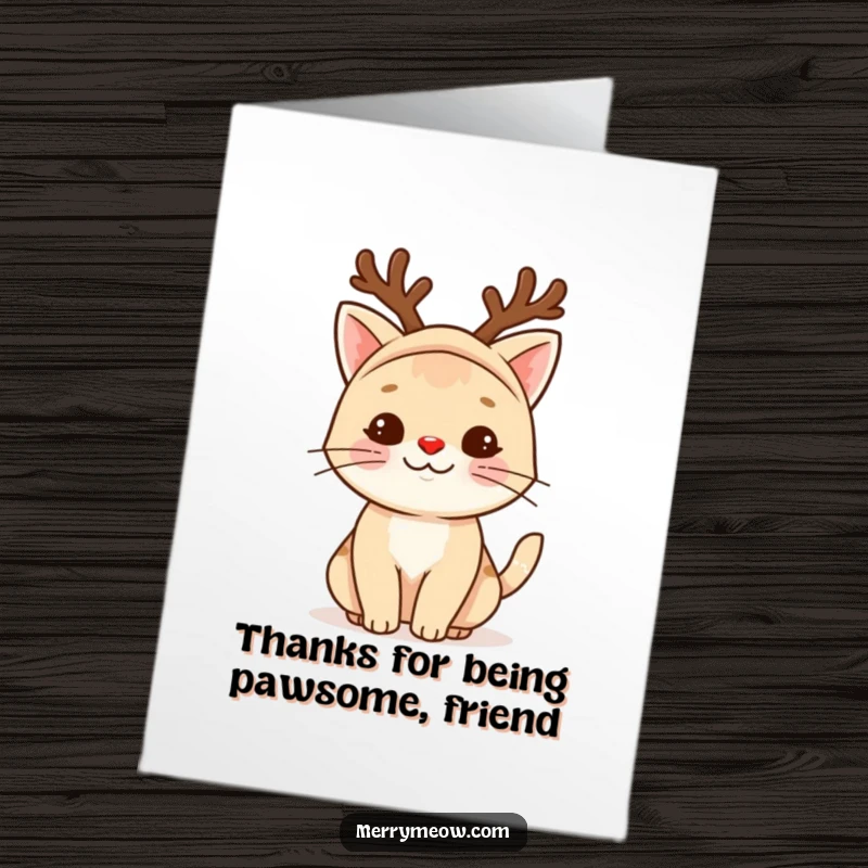 Funny free printable thank you card with a cute cat dressed as a reindeer, perfect for expressing appreciation with humor.