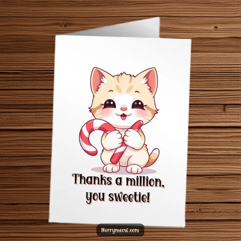 Funny Free Printable Thank You Card: A kitten with a candy cane, looking thrilled to express sincere thanks and joy.