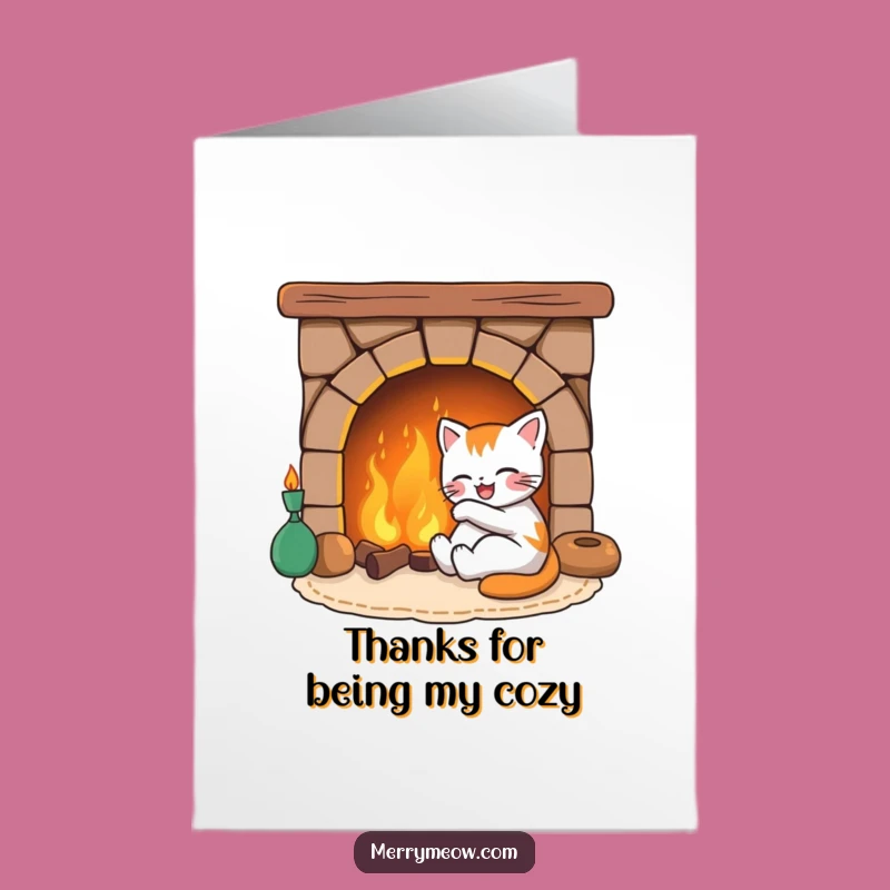 Free Printable Thank You Card: Cozy Cat by Fireplace - Funny Downloadable Gift