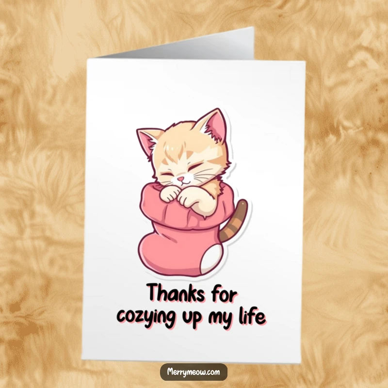 Cute Free Printable Thank You Card: A purring kitten comfy in a stocking, sending warm thanks.