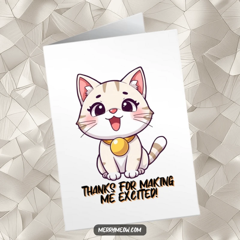 Free Printable Excited Cat Thank You Card: An excited cat with a jingle bell collar sends a thankful greeting.