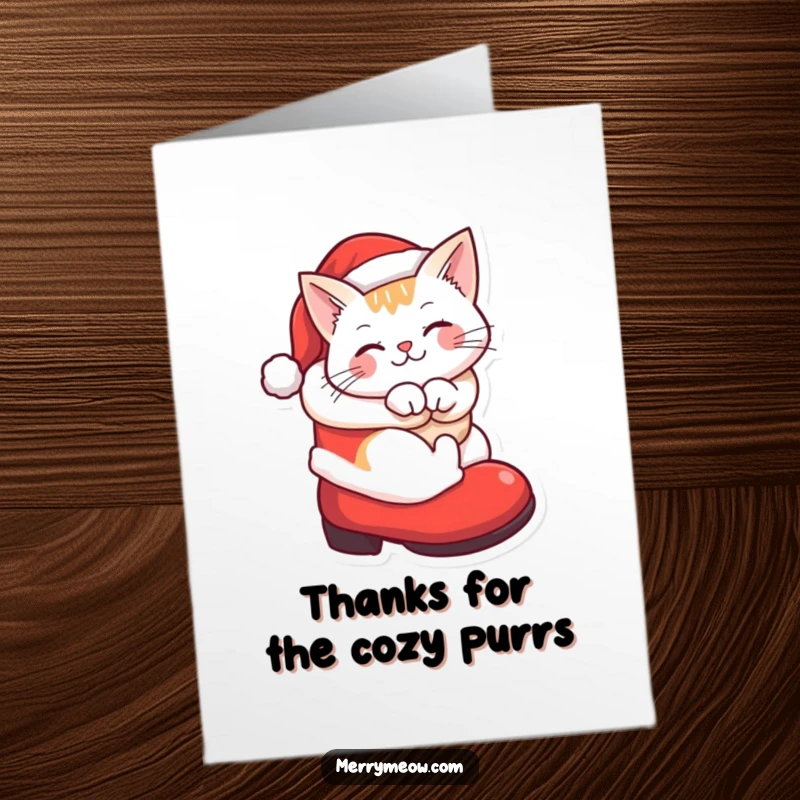 Funny free printable thank you card with a happy cat curled up in a Santa boot, conveying gratitude with cozy charm.