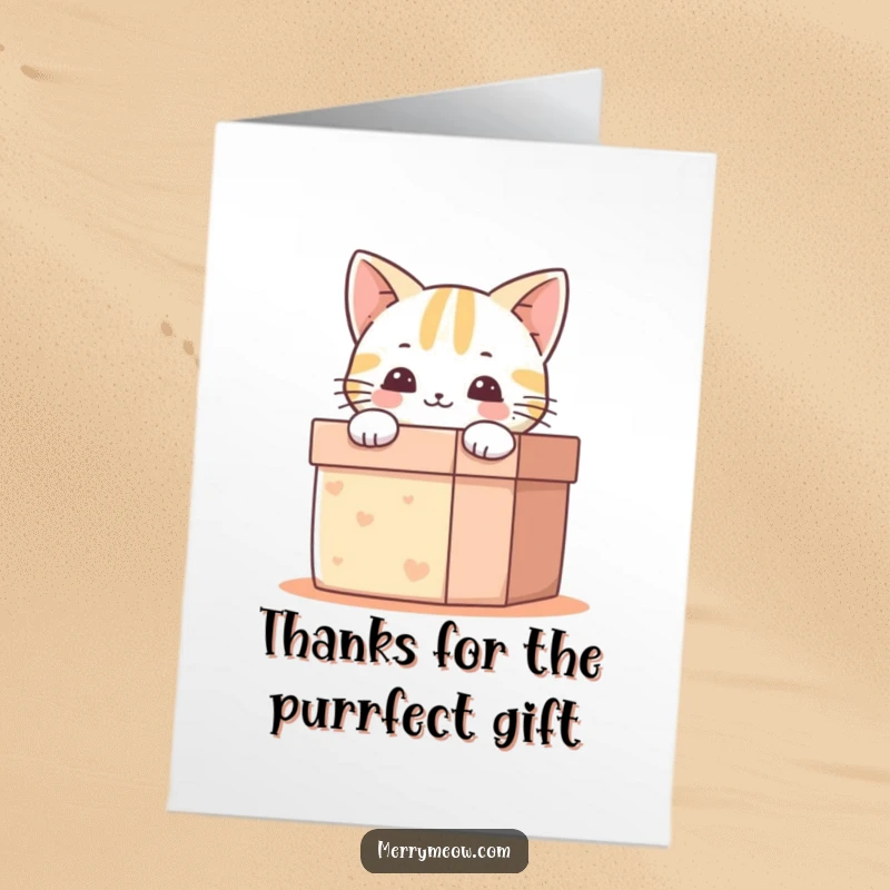 Funny Free Printable Thank You Card: Happy cat peeking from a gift box, sending thankful meows your way.