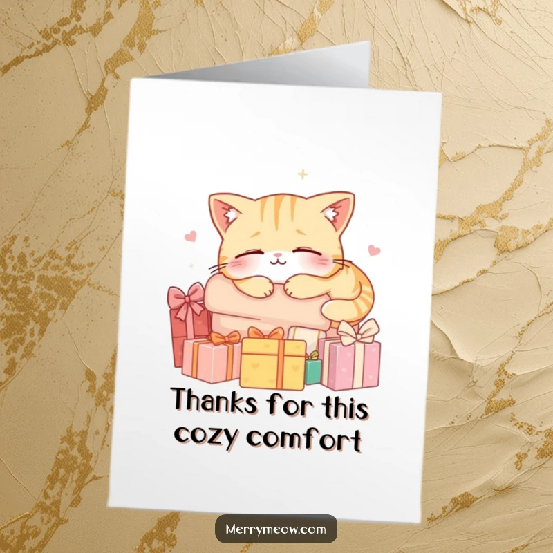 Funny Free Printable Thank You Card: A cat peacefully snoozing on a bed of colorful gifts, exuding gratitude.