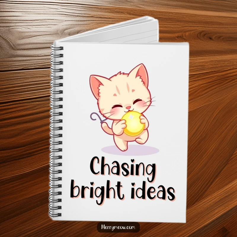 Funny notebook with a kitten joyfully chasing a glowing holiday ornament, ideal for capturing festive and creative ideas.